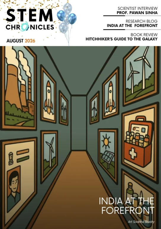 stem-chronicles-august-2026-Framed illustrations of nuclear plants, rockets, wind turbines, and healthcare symbols line a hallway