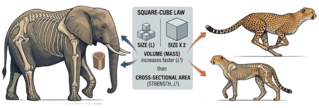 A cheetah and an elephant compared to show the square-cube law and animal speed.